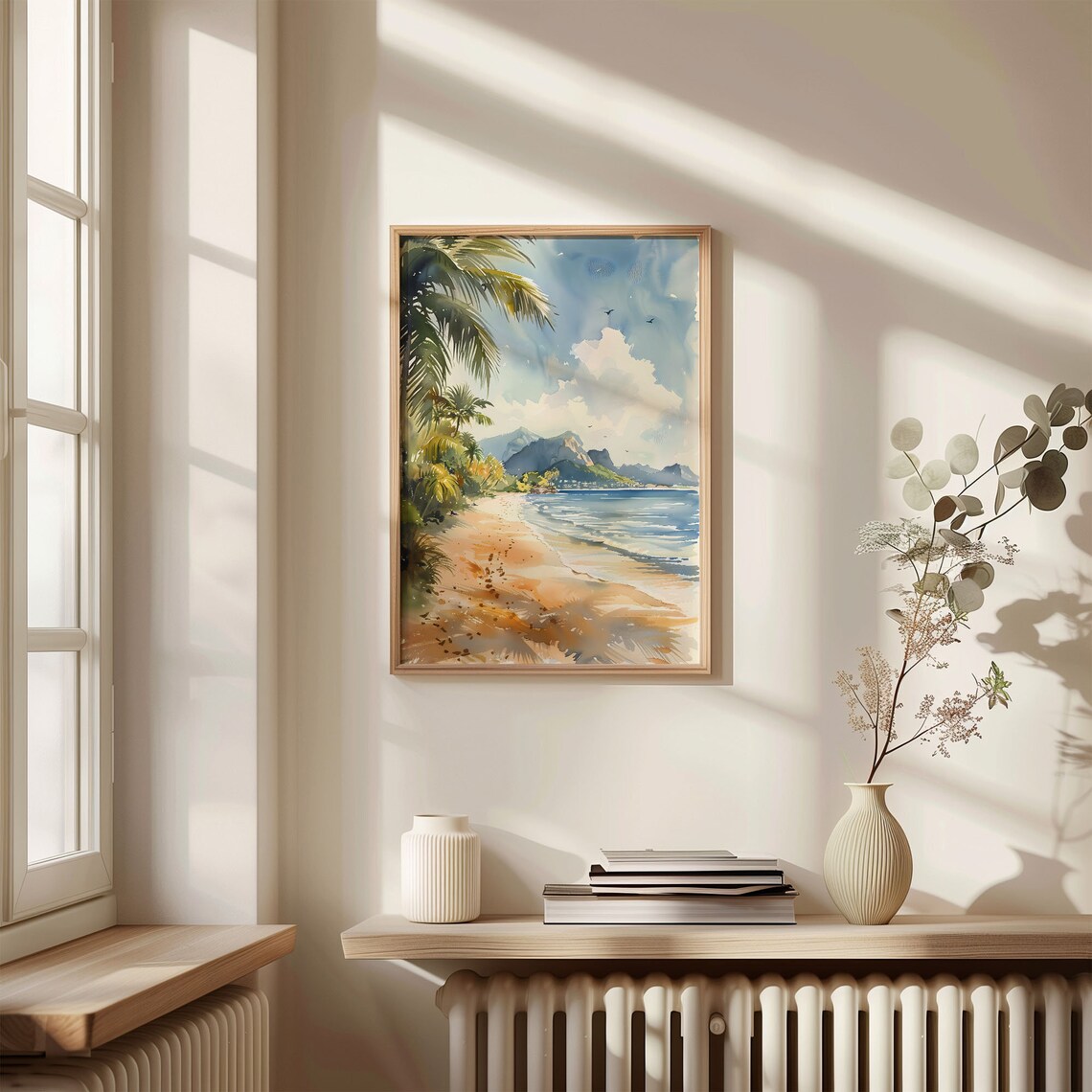 Mauritius Tropical Beach Palm Trees Mountain Watercolor Travel Poster - Image 4