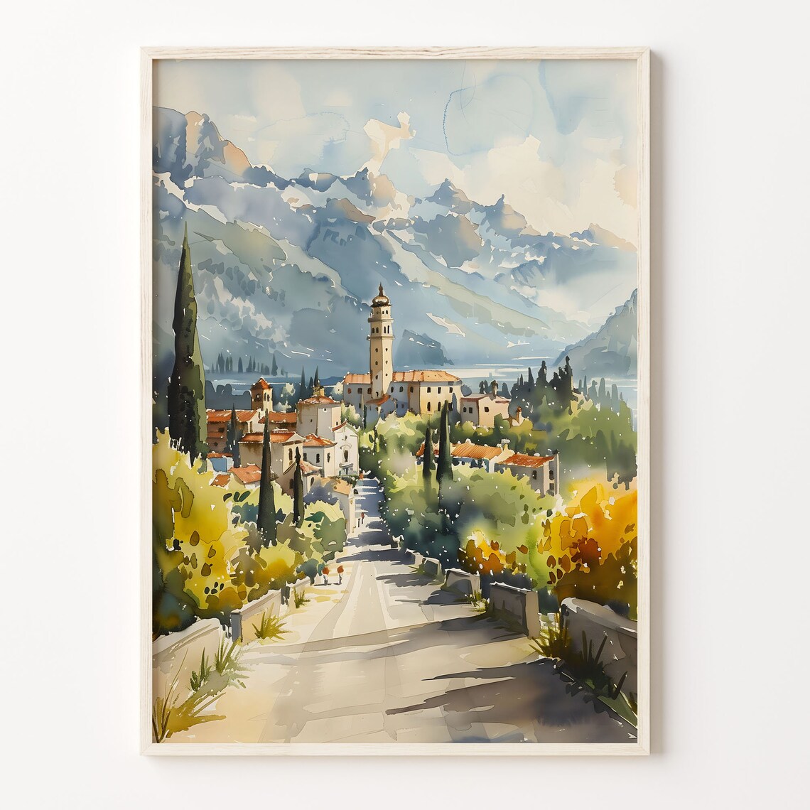 Italian Lakeside Alpine Village Bell Tower Watercolor Poster