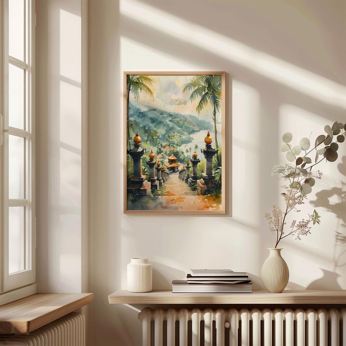Bali Temple Pathway Watercolor Poster Tropical Palms Jungle Hills - Image 4