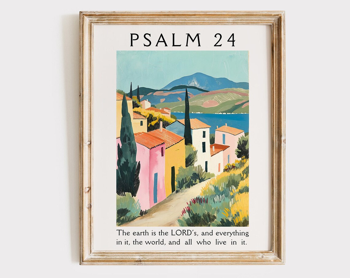 Psalm 24 The Earth Is The Lords Colorful Coastal Village Bible Poster