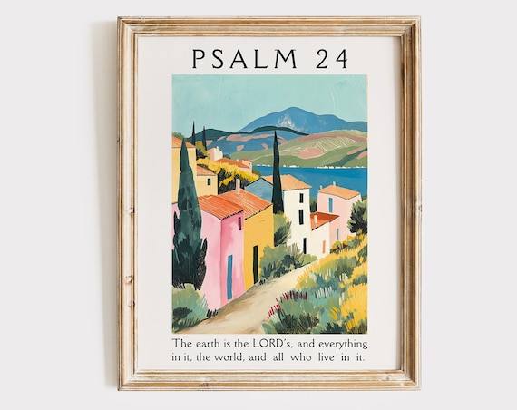 Psalm 24 The Earth Is The Lords Colorful Coastal Village Bible Poster