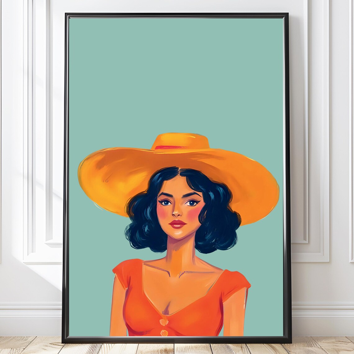 Retro Sun Hat Woman Vintage Summer Fashion Portrait Teal Wall Art