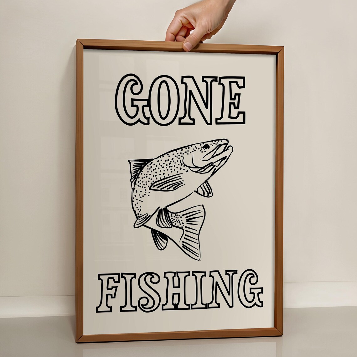 Retro Cream Gone Fishing Trout Sketch Minimalist Line Poster