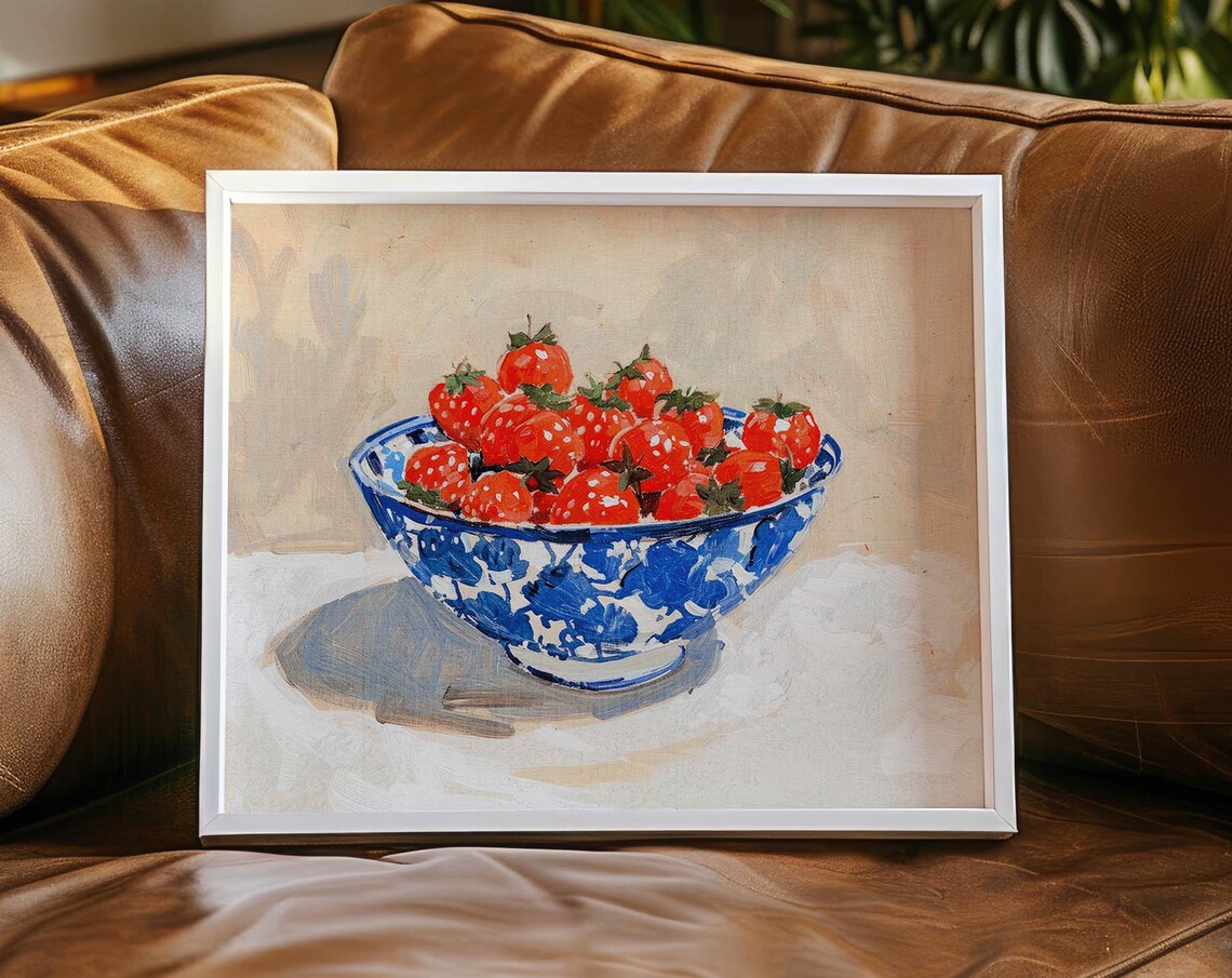 Strawberries In Blue Bowl Still Life Painting Kitchen Wall Art