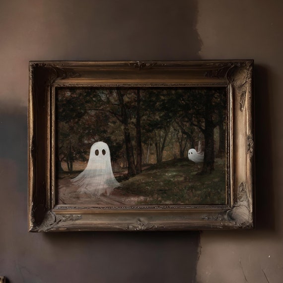 Cute Ghost Wall Art Moody Landscape Painting Vintage Halloween Home Decor Moody Art Print Dark Academia Decor Fall Wall Art Ghost Painting