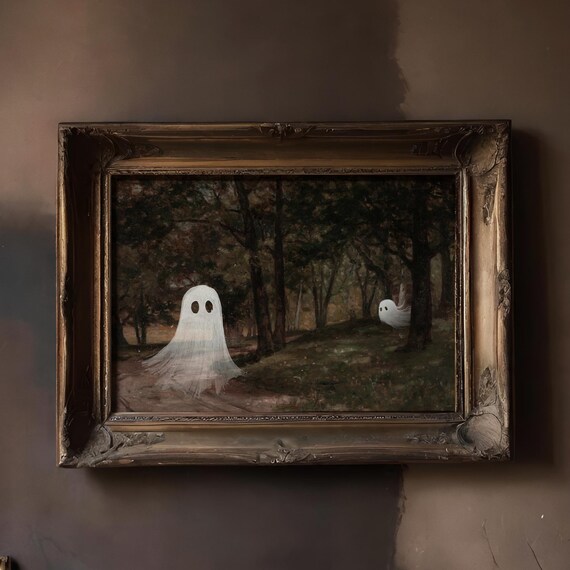 Cute Ghosts in Forest Vintage Moody Halloween Painting Poster