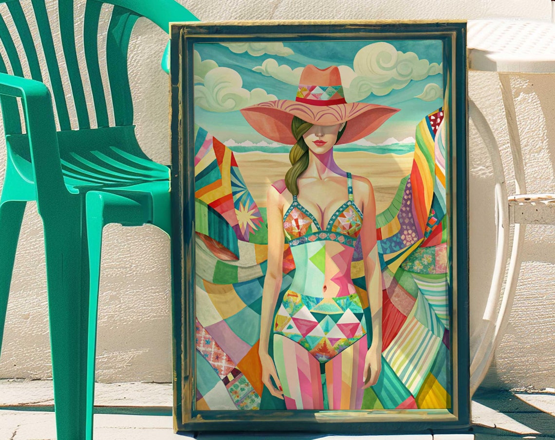 Colorful Cubist Beach Woman Sunhat Patchwork Swimsuit Art Poster