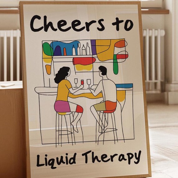 Cheers To Liquid Therapy Couple At The Bar Colorful Line Art Poster