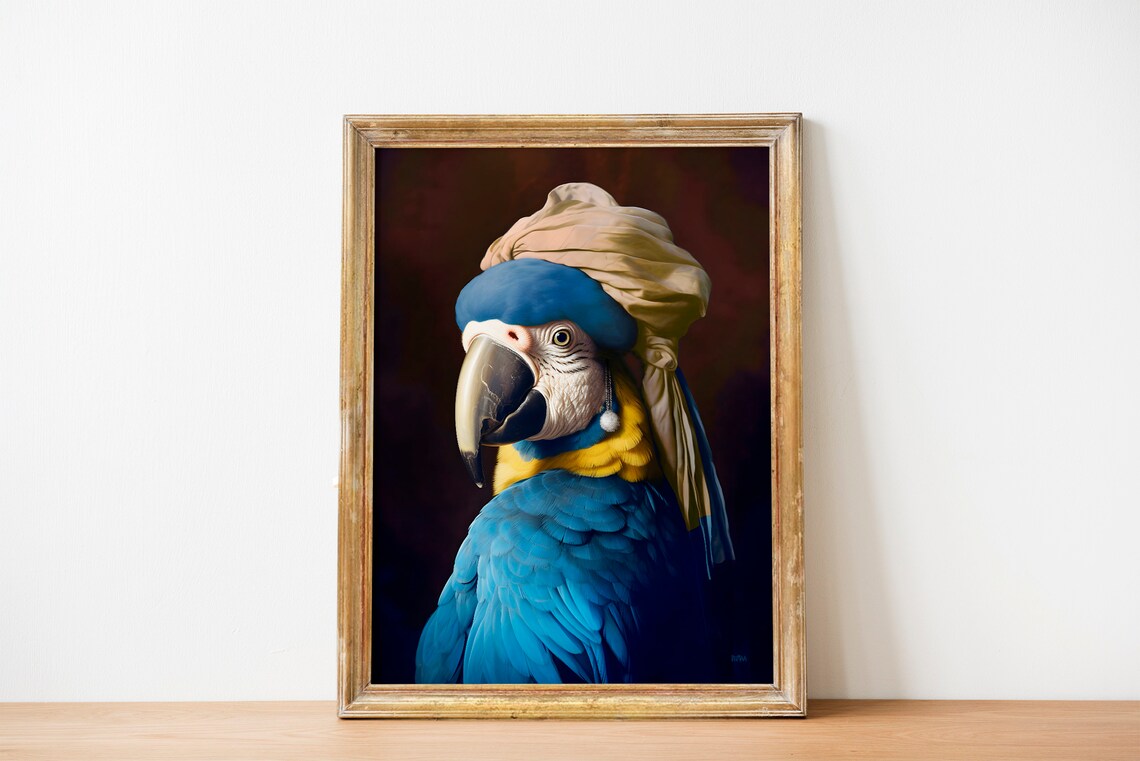 Blue and Yellow Macaw Parrot with Pearl Earring Turban Portrait Poster - Image 5