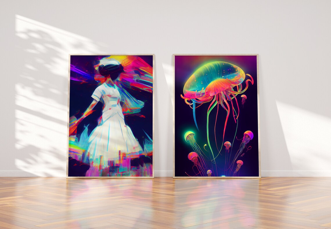 Neon Dancer in White Dress Vibrant Motion Art Painting Poster - Image 4