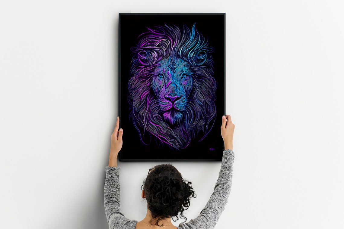 Neon Blue Lion Head Glowing Line Art on Black Background Wall Art - Image 6