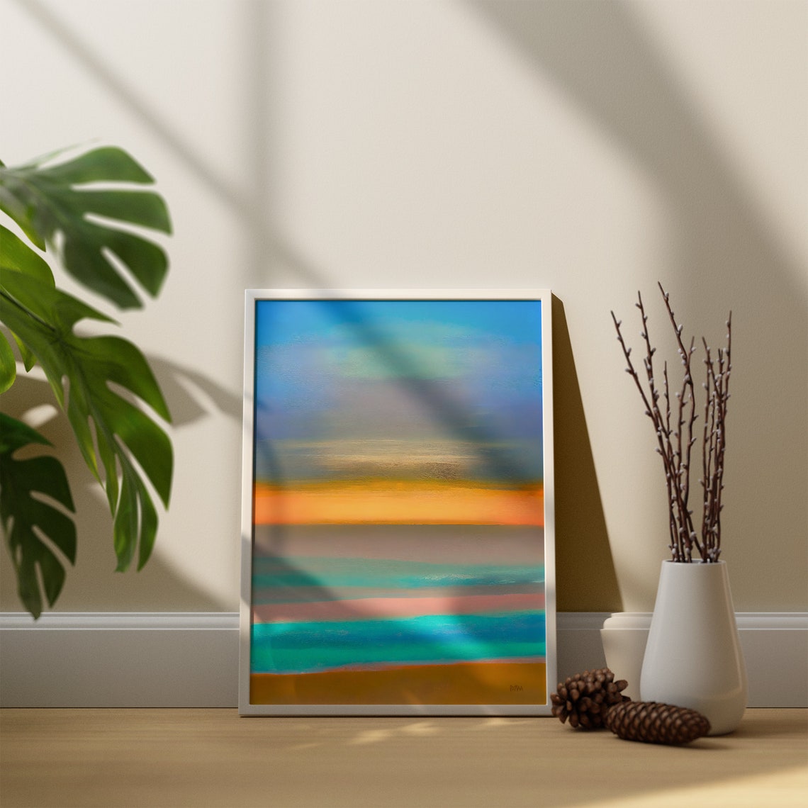 Abstract Sunset Horizon Bands Teal and Orange Painting Poster - Image 4