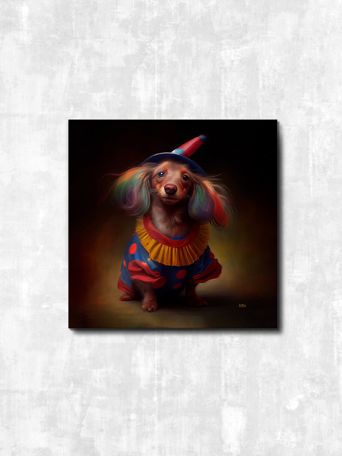 Dachshund in Clown Costume Funny Dog Oil Style Painting Poster