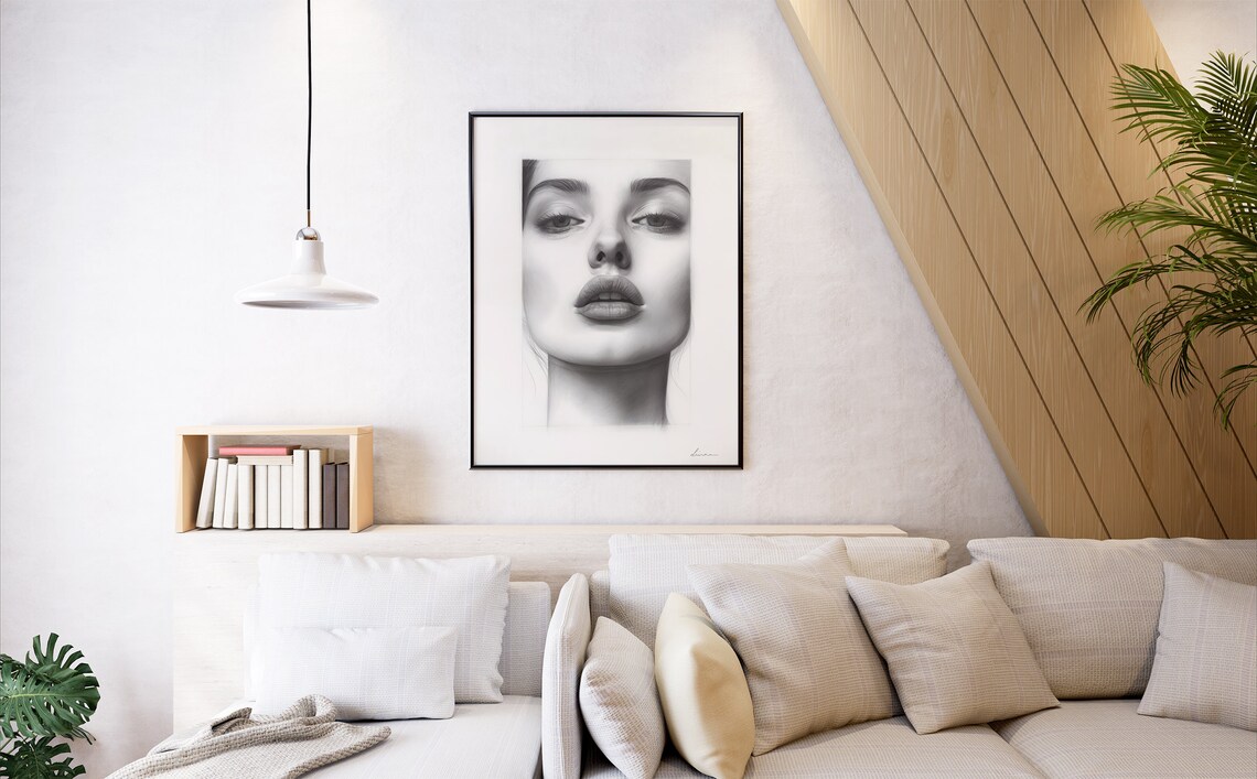 Pencil Sketch Portrait of a Beautiful Woman Black and White Art Poster - Image 6