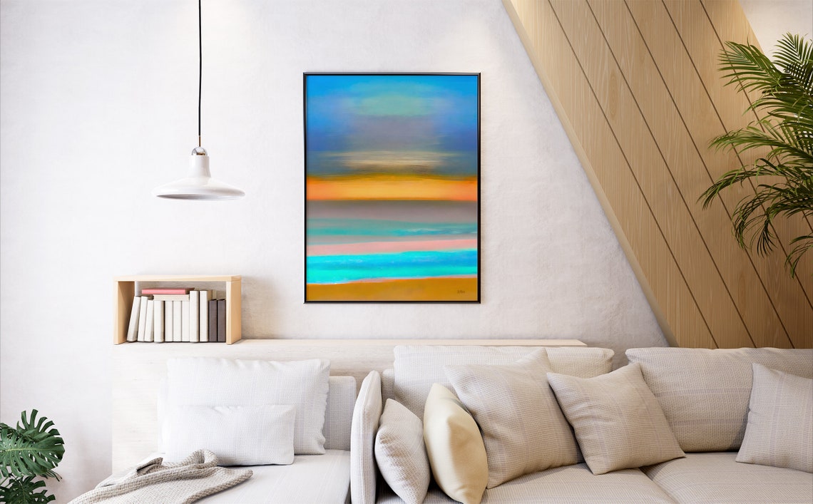 Abstract Sunset Horizon Bands Teal and Orange Painting Poster - Image 7