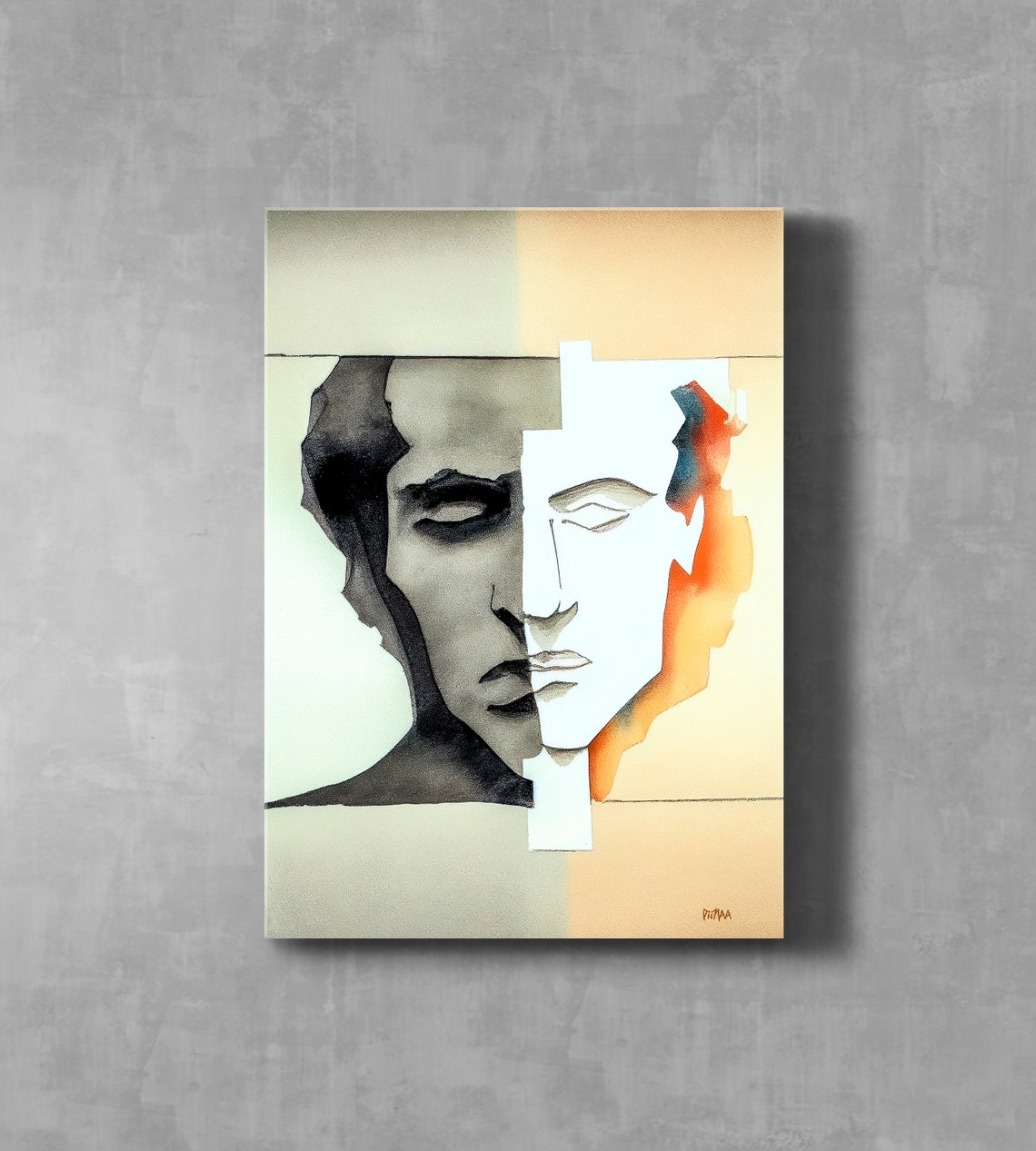 Split Face Minimalist Abstract Portrait Watercolor Modern Art Poster