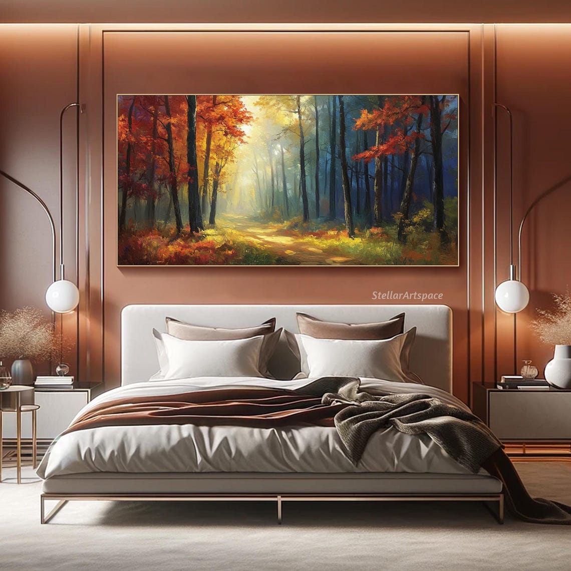 Sunlit Autumn Forest Path Golden Light Red Foliage Landscape Poster - Image 6