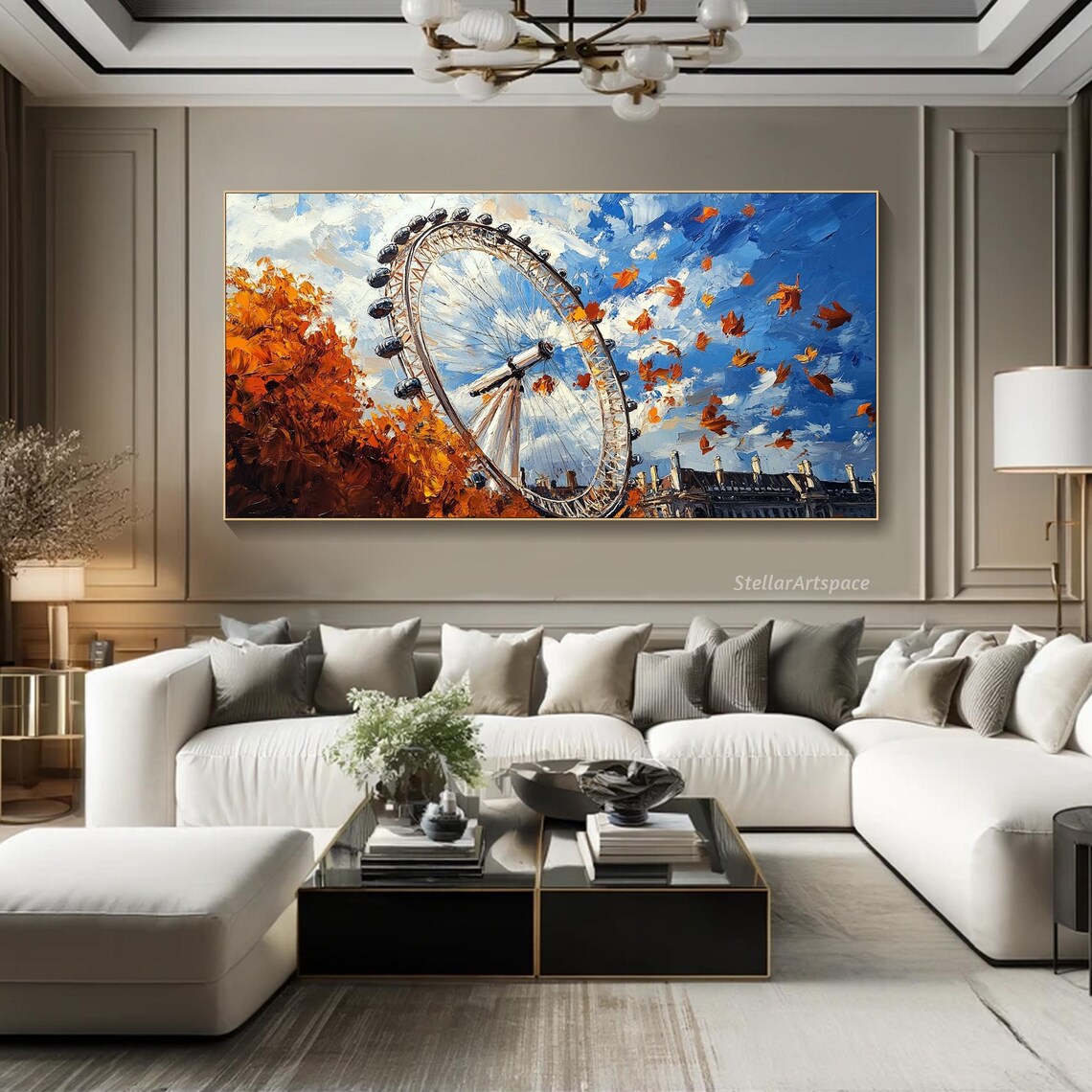 London Eye Autumn Falling Leaves Blue Sky Cityscape Travel Poster - Image 2