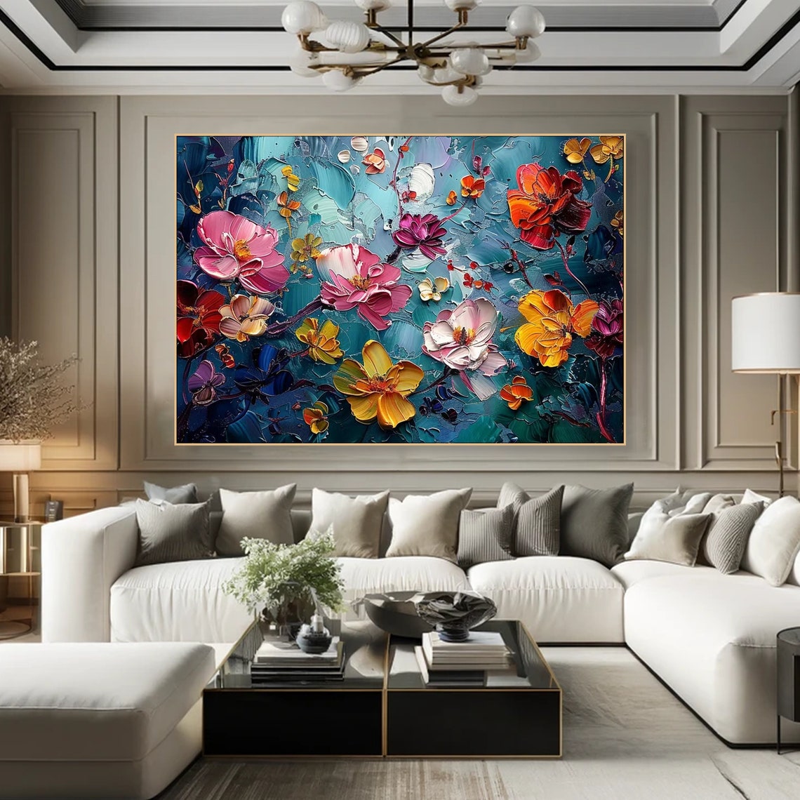 Colorful Blossom Flowers Teal Background Impasto Textured Art Print - Image 3