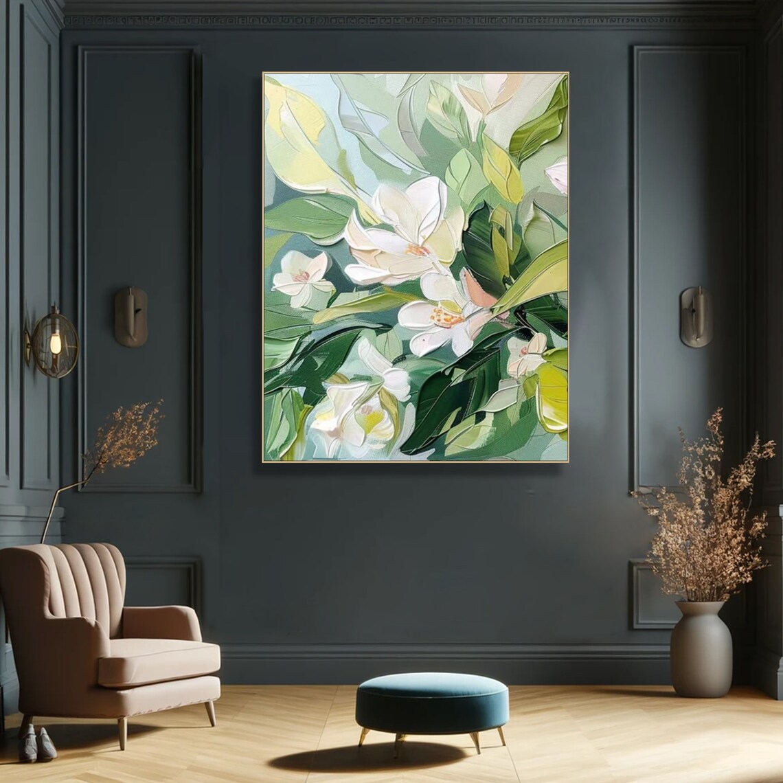 White Flower Blossoms Green Leaves Diptych Textured Floral Poster - Image 3