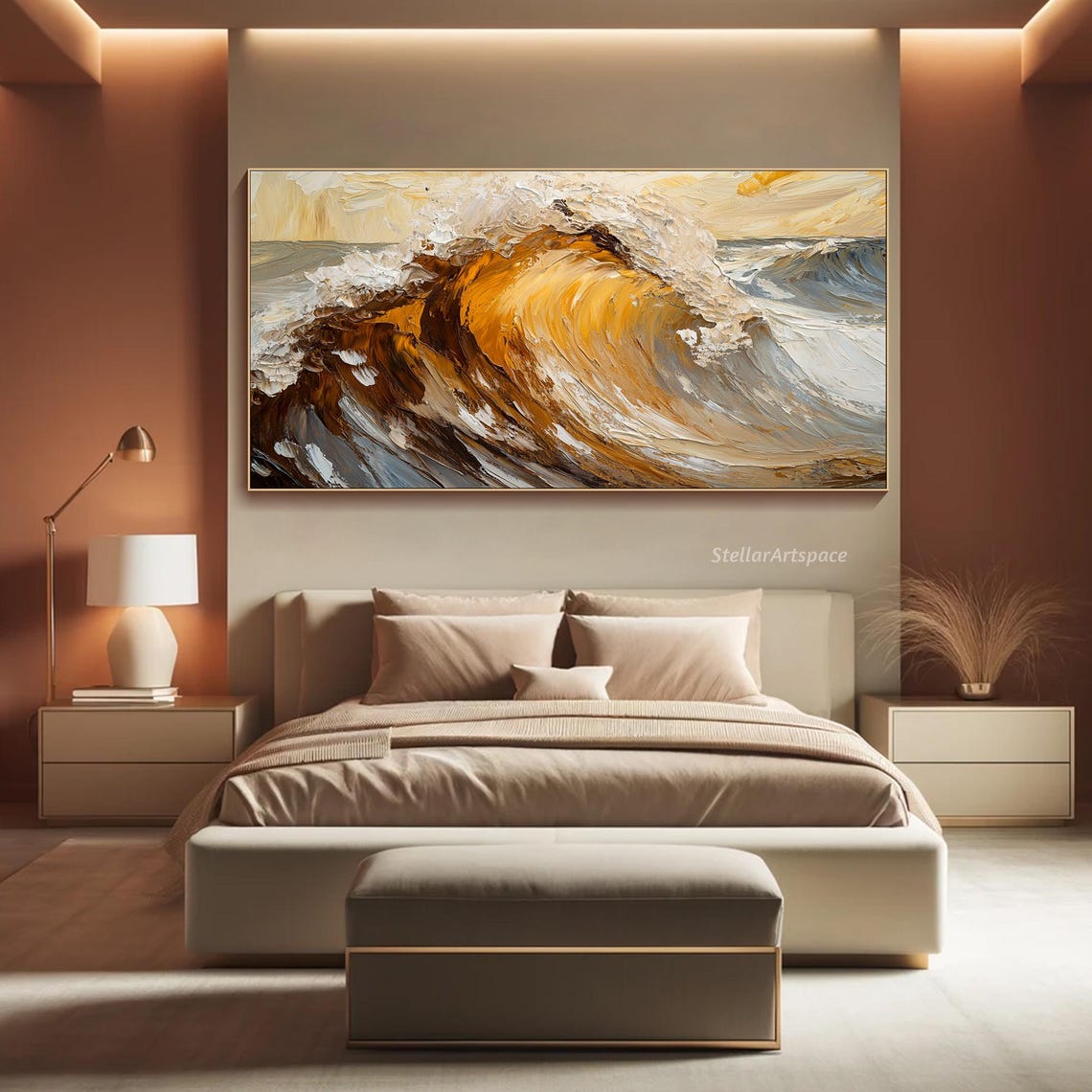 Golden Ocean Wave Barrel Amber White Heavy Impasto Seascape Art Poster - Image 4