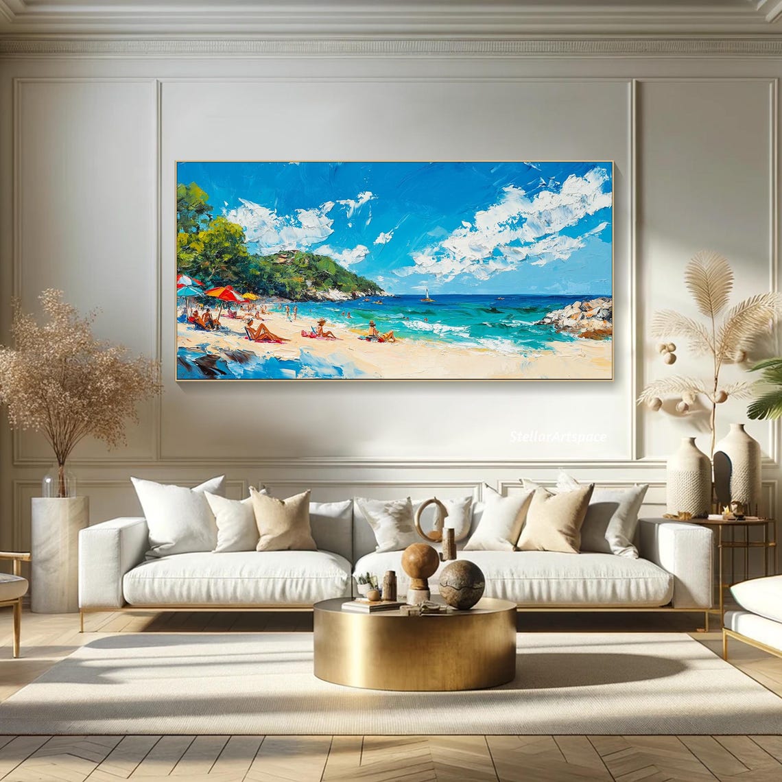 Sunny Beach Day Swimmers Sailboat Turquoise Bay Impasto Poster - Image 5
