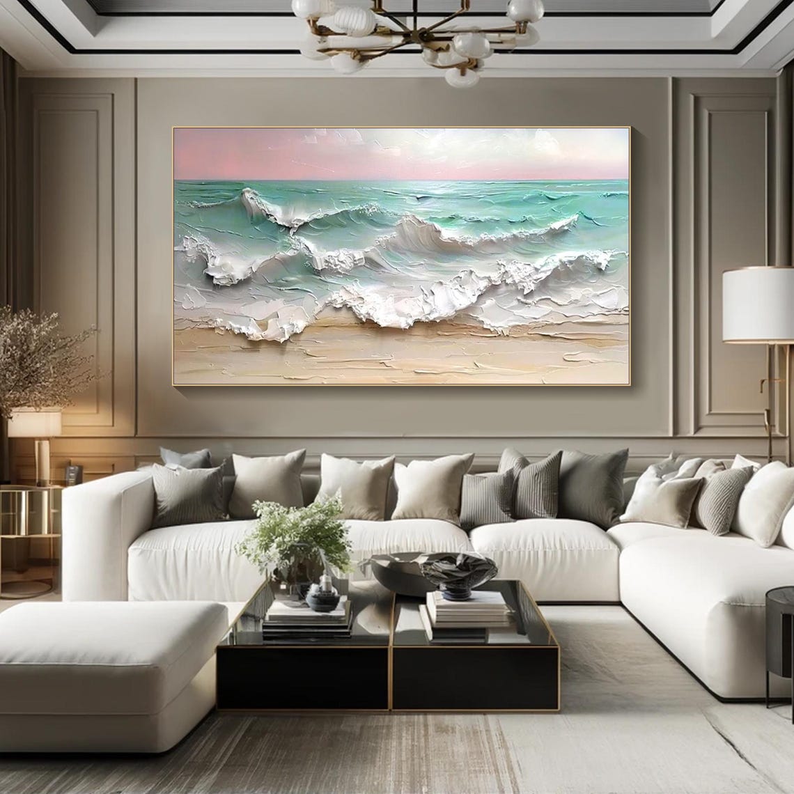 Ocean Waves White Foam Pastel Sky Sandy Shore Textured Seascape Poster - Image 5
