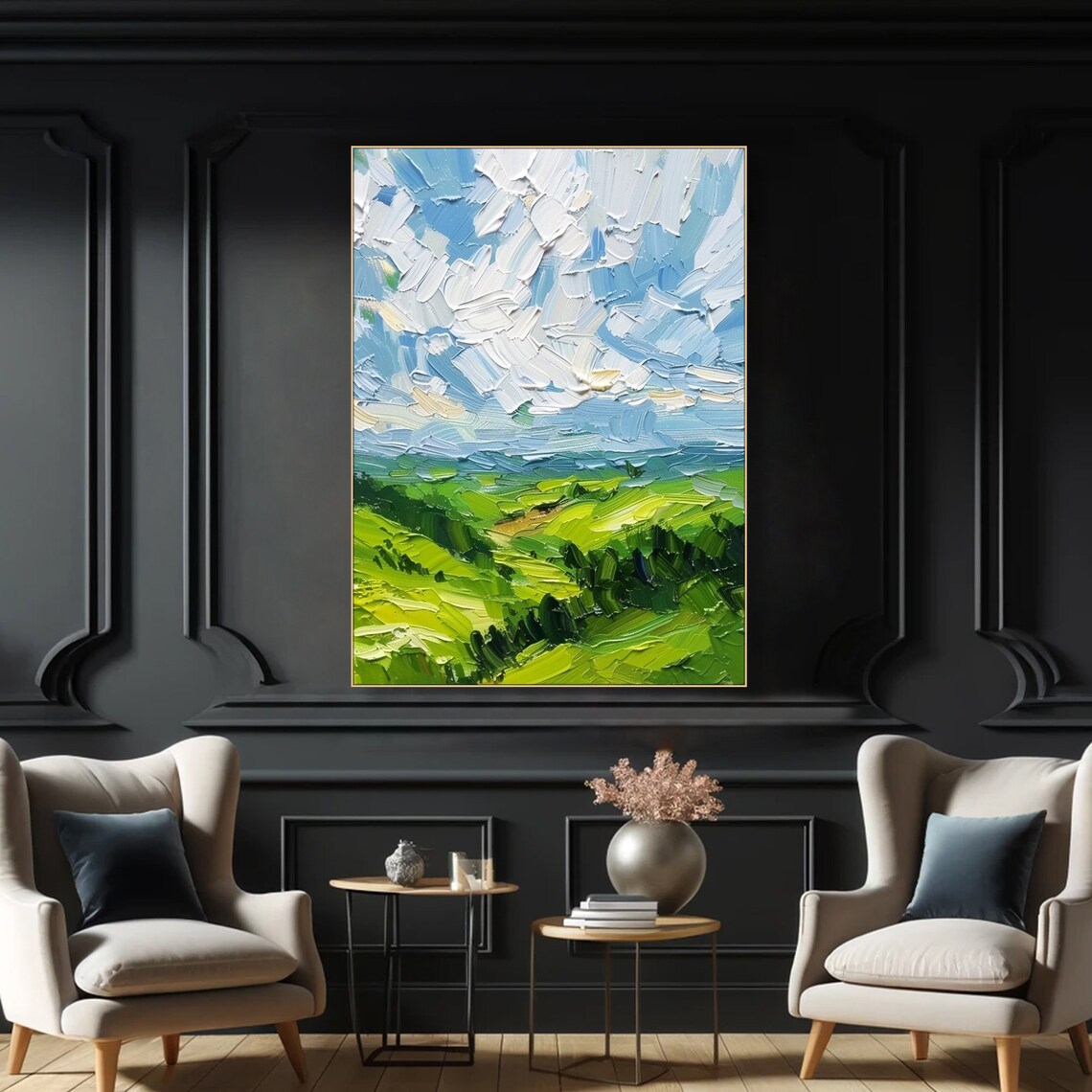 Rolling Green Hills Bright Textured Sky Sunny Impasto Landscape Poster - Image 2