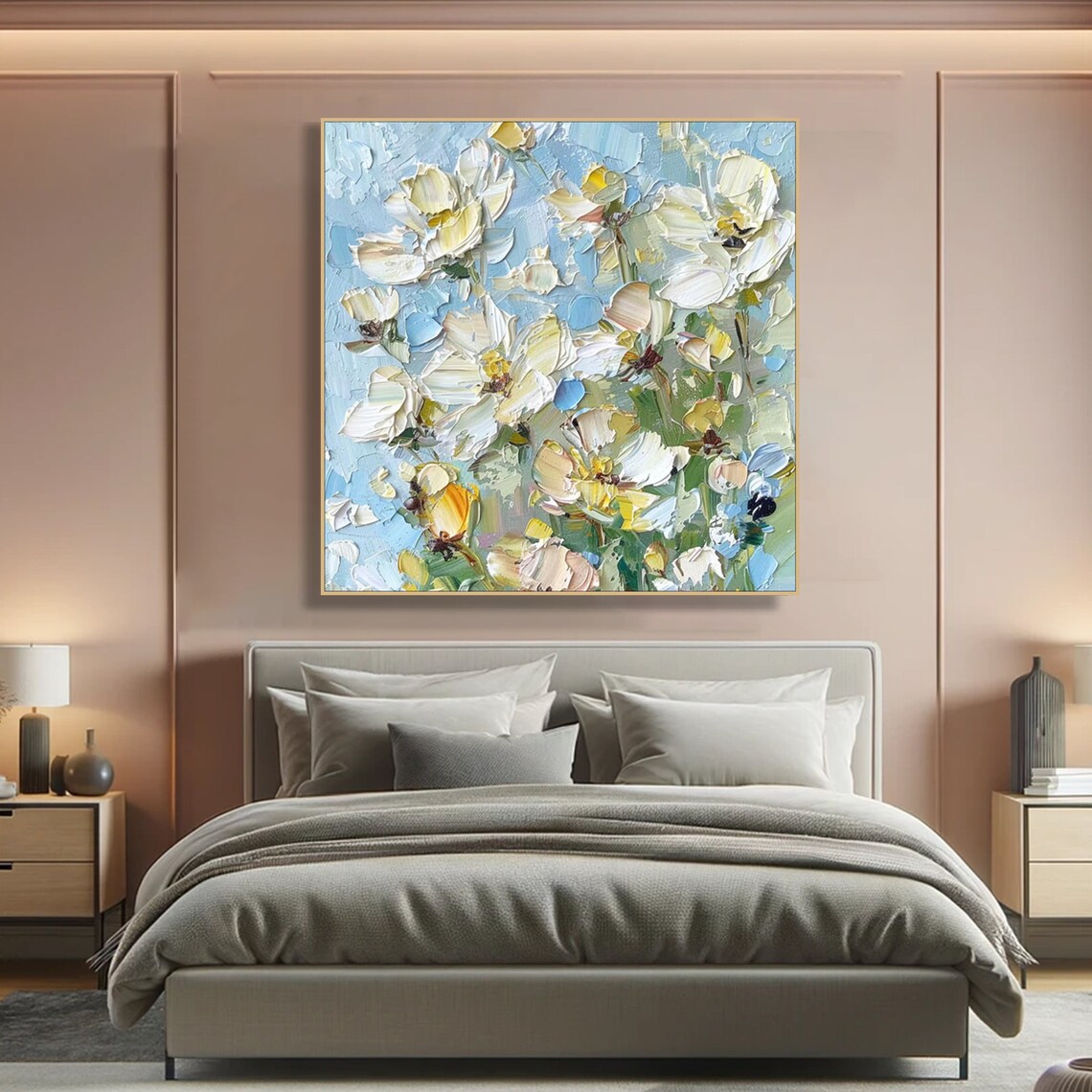 White Blossom Pastel Blue Floral Impasto Oil Painting Soft Poster - Image 5