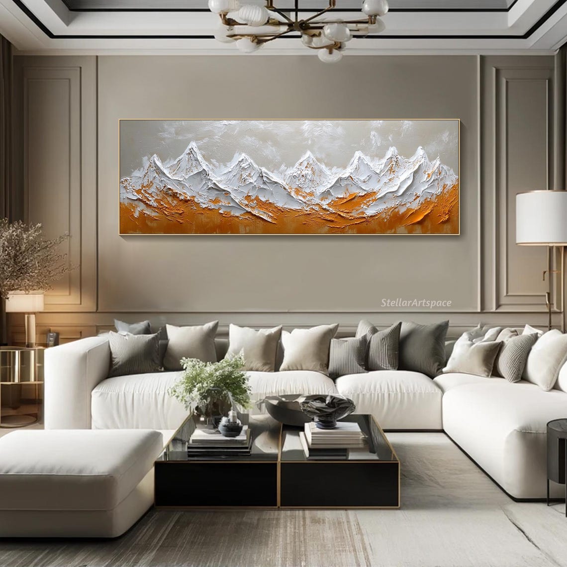 3d Mountain Texture Wall Art Original Painting On Abstract Mountain Range Painting Rustic White And Ochre Artwork Living Room Decor - Image 3