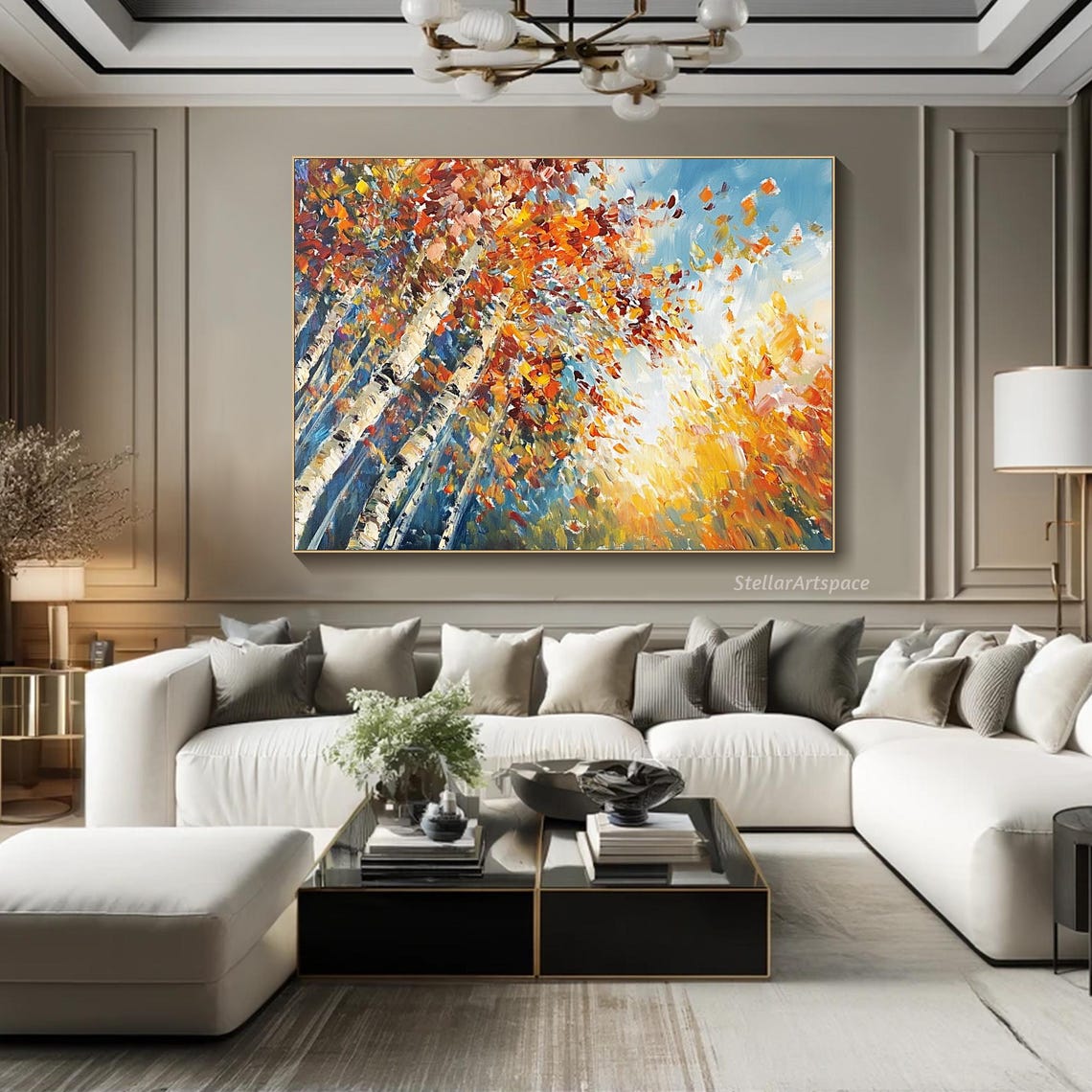 Autumn Birch Trees Orange Canopy Blue Sky Impasto Fall Art Poster - Image 2