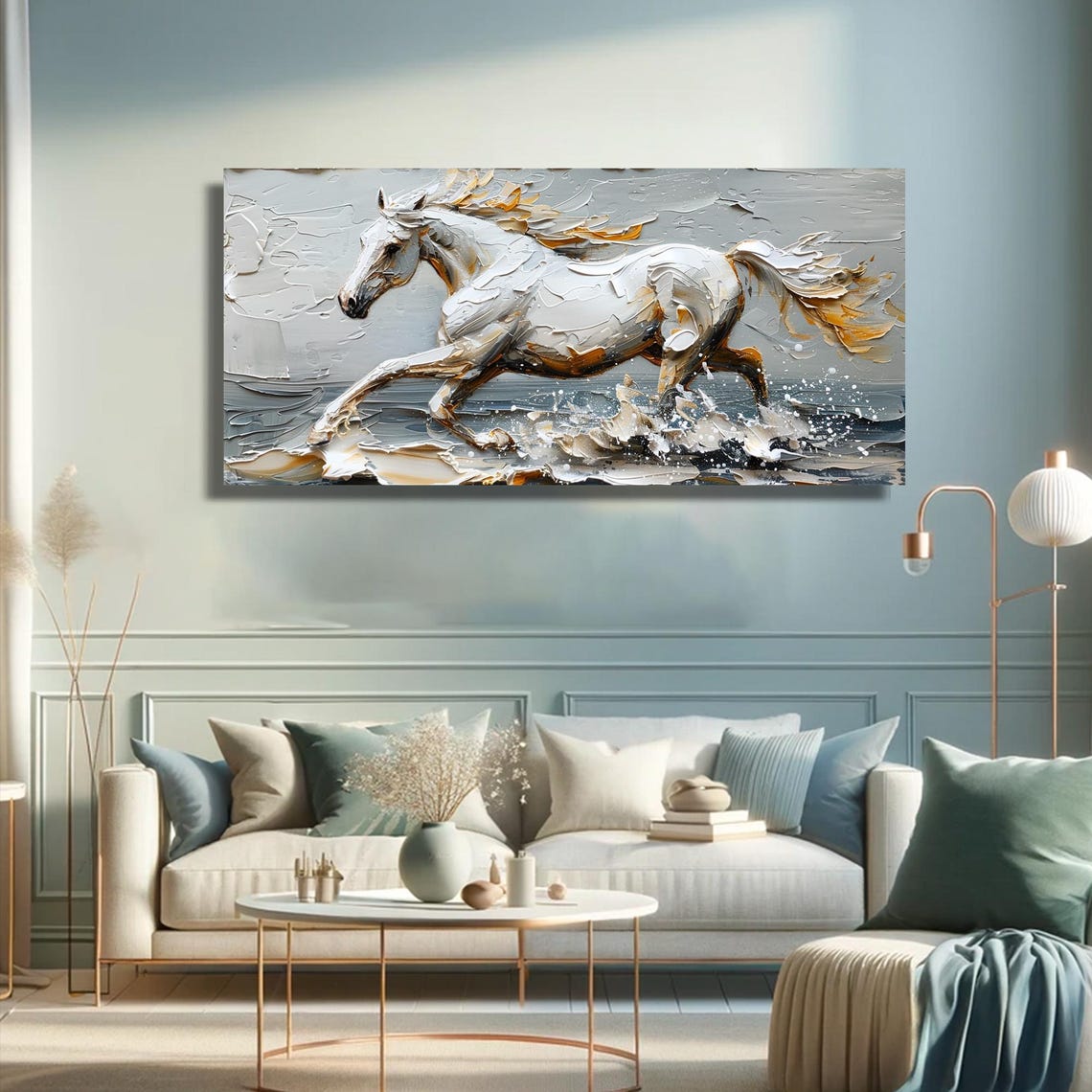 Majestic White Horse Galloping Neutral Gray Gold Impasto Art Poster - Image 3