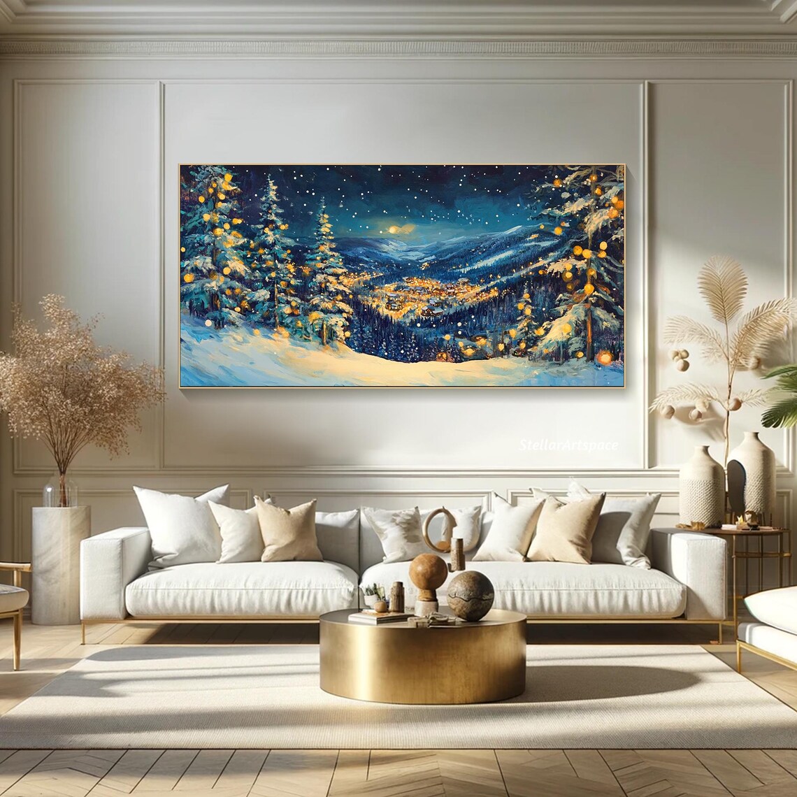 Snowy Village Christmas Night Lights Starry Mountain Winter Poster - Image 3