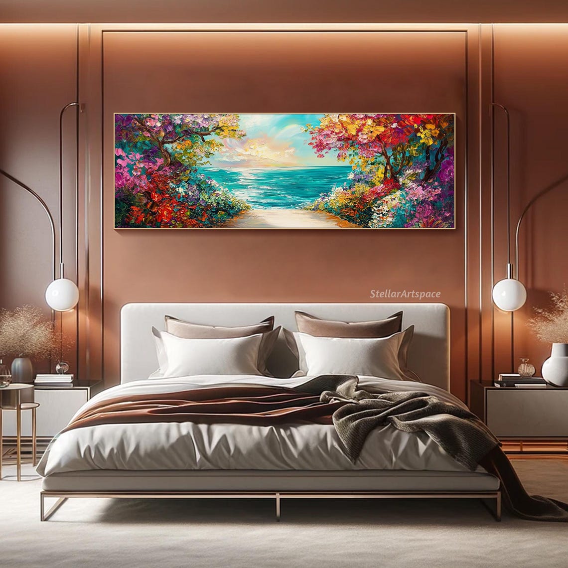 Tropical Beach Cove Colorful Flowering Trees Impasto Seascape Poster - Image 6