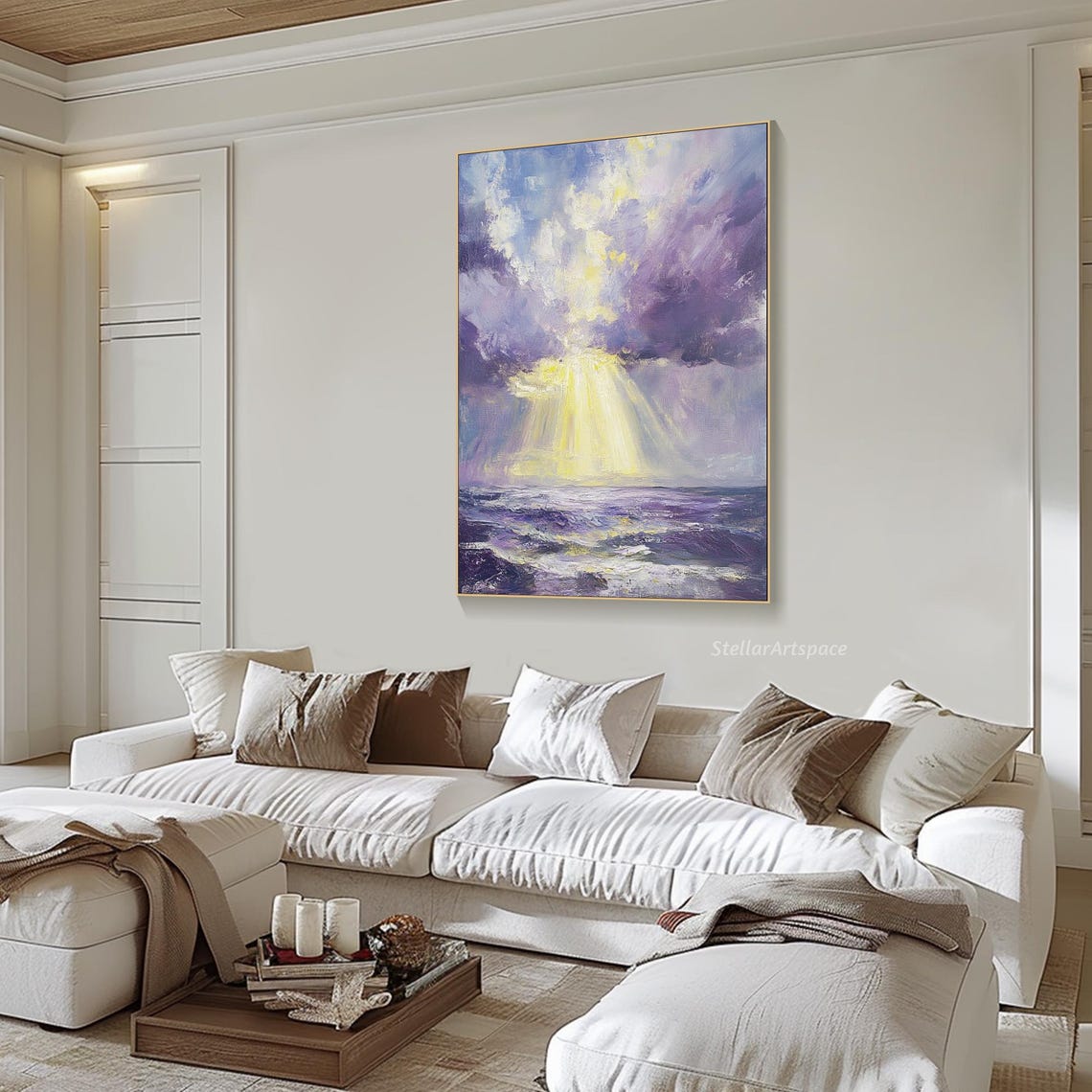 Purple Ocean Sunbeam Through Storm Clouds Textured Seascape Poster - Image 6