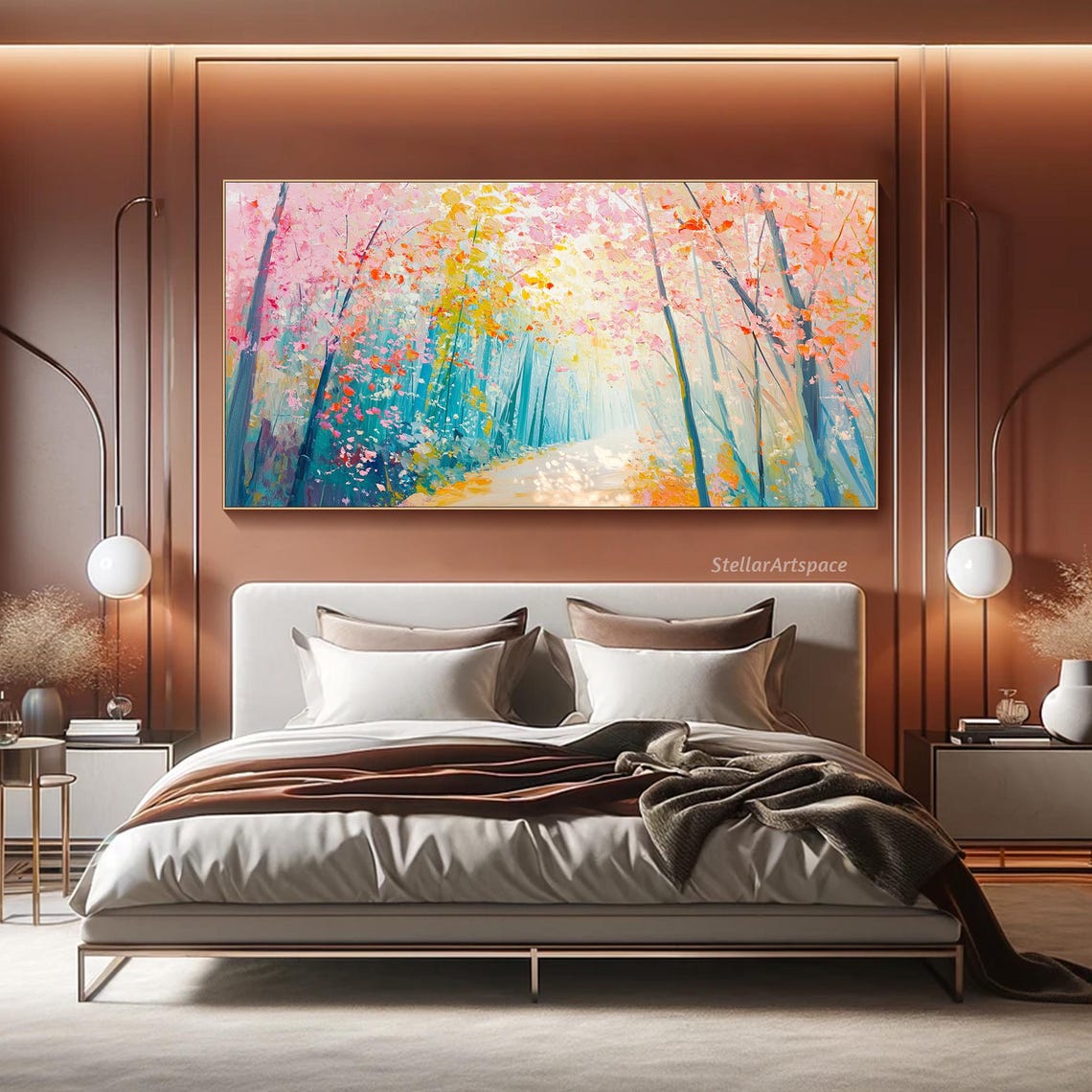 Spring Forest Path Pink Blossoms Teal Trees Light Trail Wall Art - Image 5