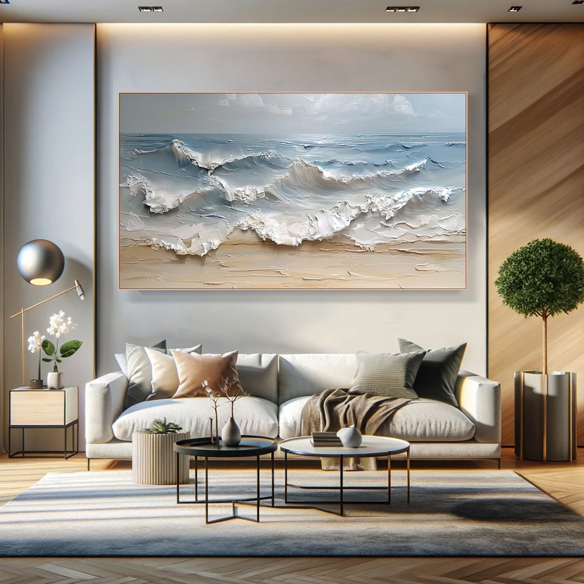 Blue Ocean Wave Painting, Contemporary Living Room Art - Image 4