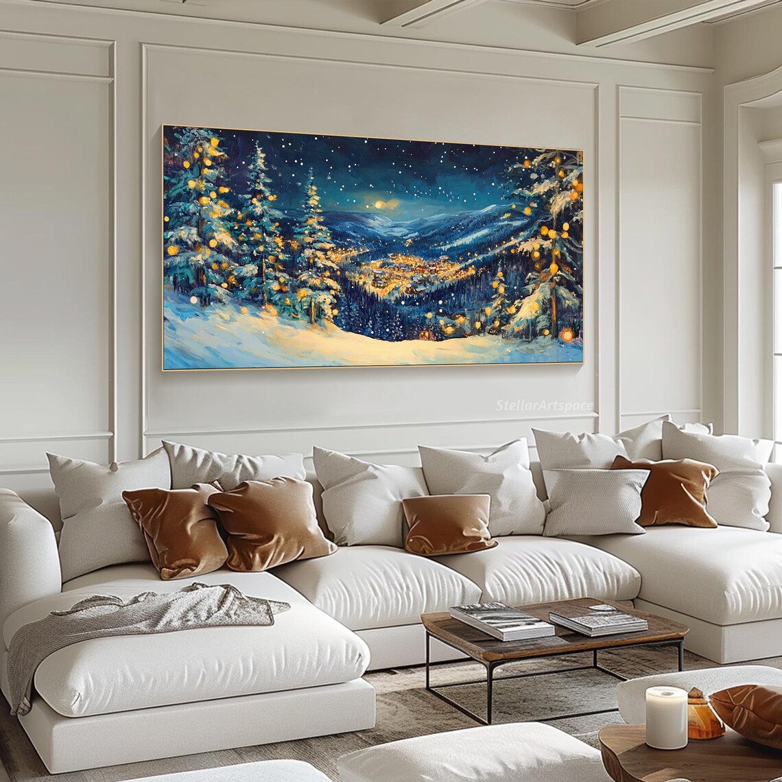 Snowy Village Christmas Night Lights Starry Mountain Winter Poster - Image 2