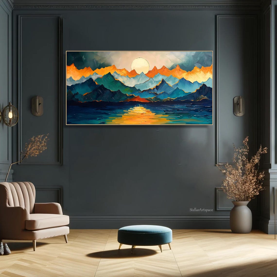 Layered Mountain Sunset Reflection Textured Abstract Landscape Poster - Image 5