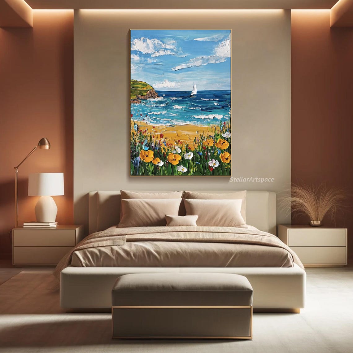Sailboat Coast Cliff Wildflowers Foreground Textured Seascape Poster - Image 4