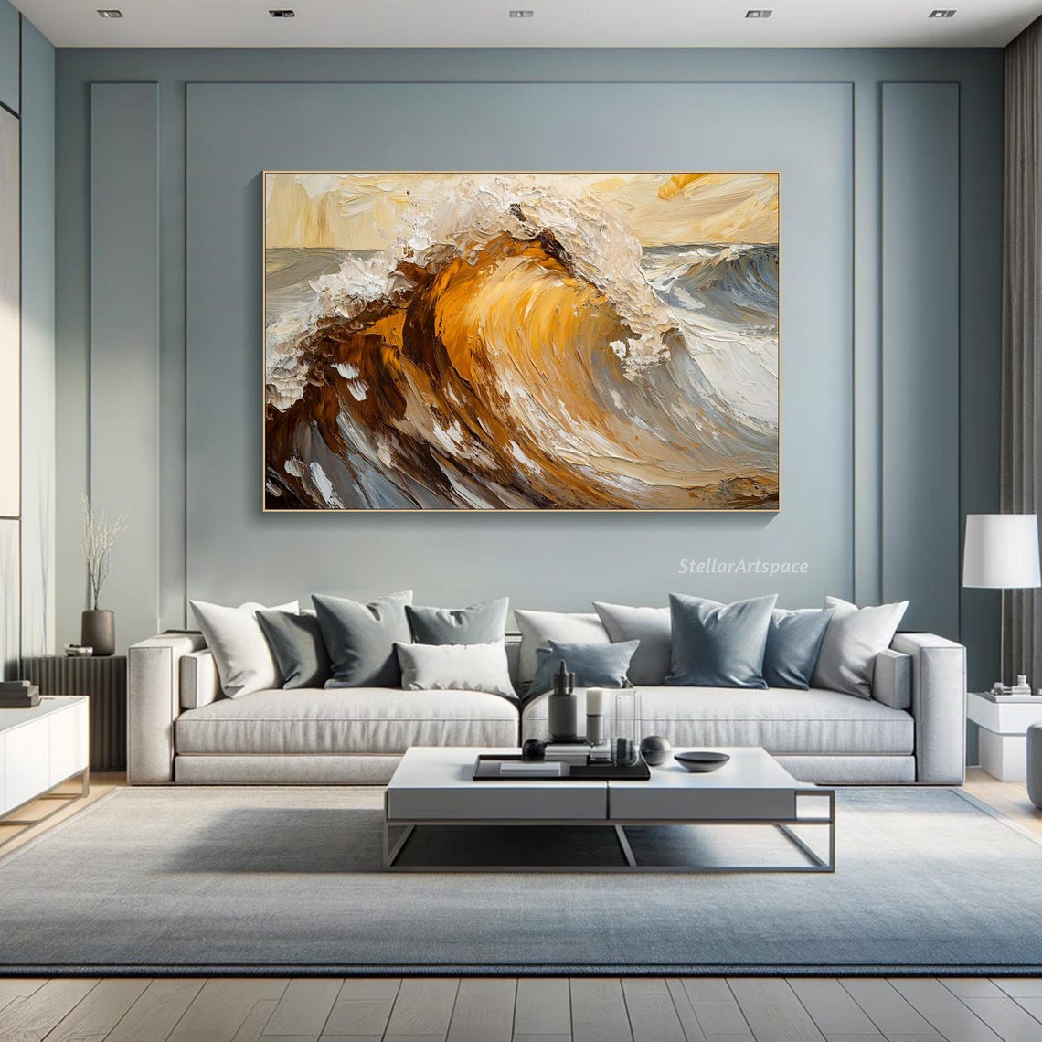 Golden Ocean Wave Barrel Amber White Heavy Impasto Seascape Art Poster - Image 3