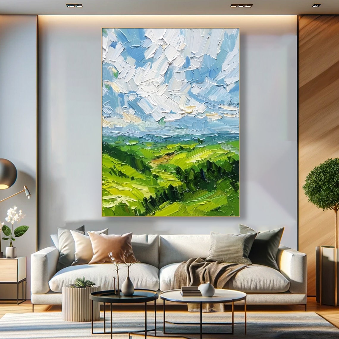 Rolling Green Hills Bright Textured Sky Sunny Impasto Landscape Poster - Image 5