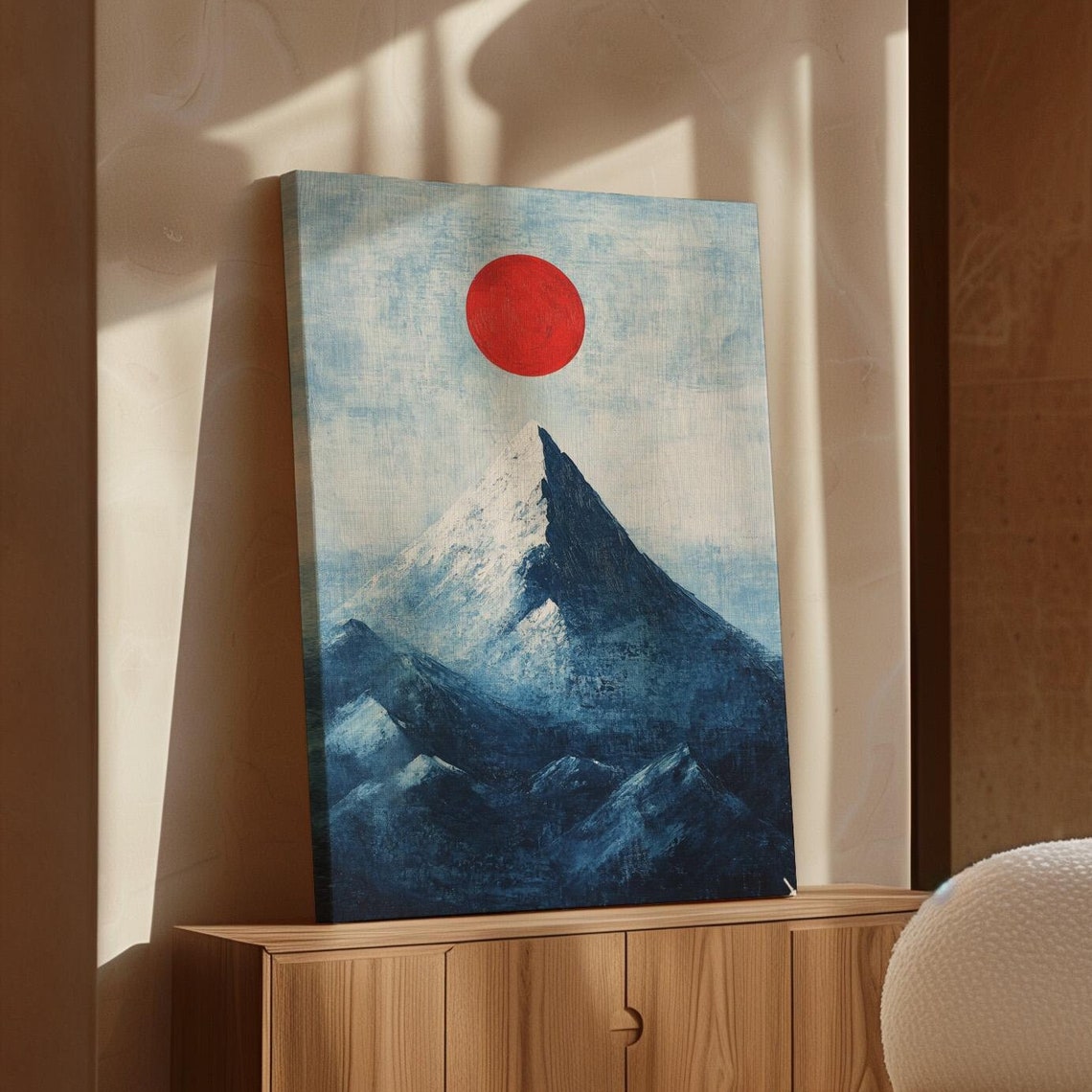 Snowy Mountain Peak With A Fiery Red Sun Against A Cool Blue Sky In Minimalist Abstract Style