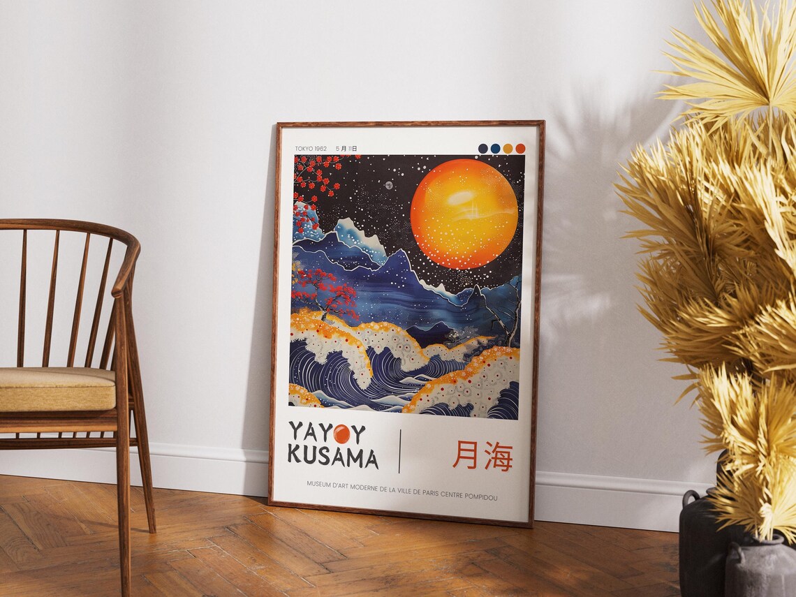 Yayoi Kusama Moon Sea Great Wave Orange Moon Night Sky Poster