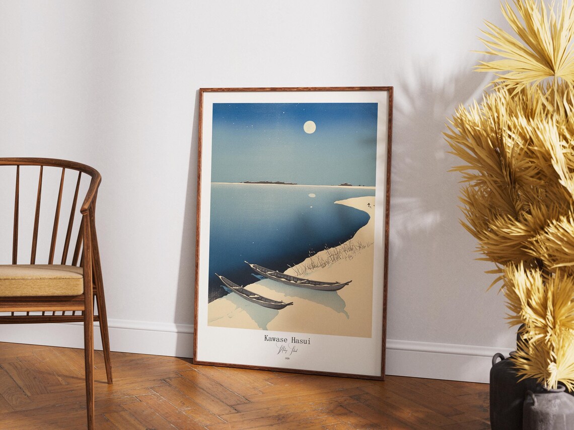 Kawase Hasui Moonlit Coastline Boats Vintage Japanese Poster