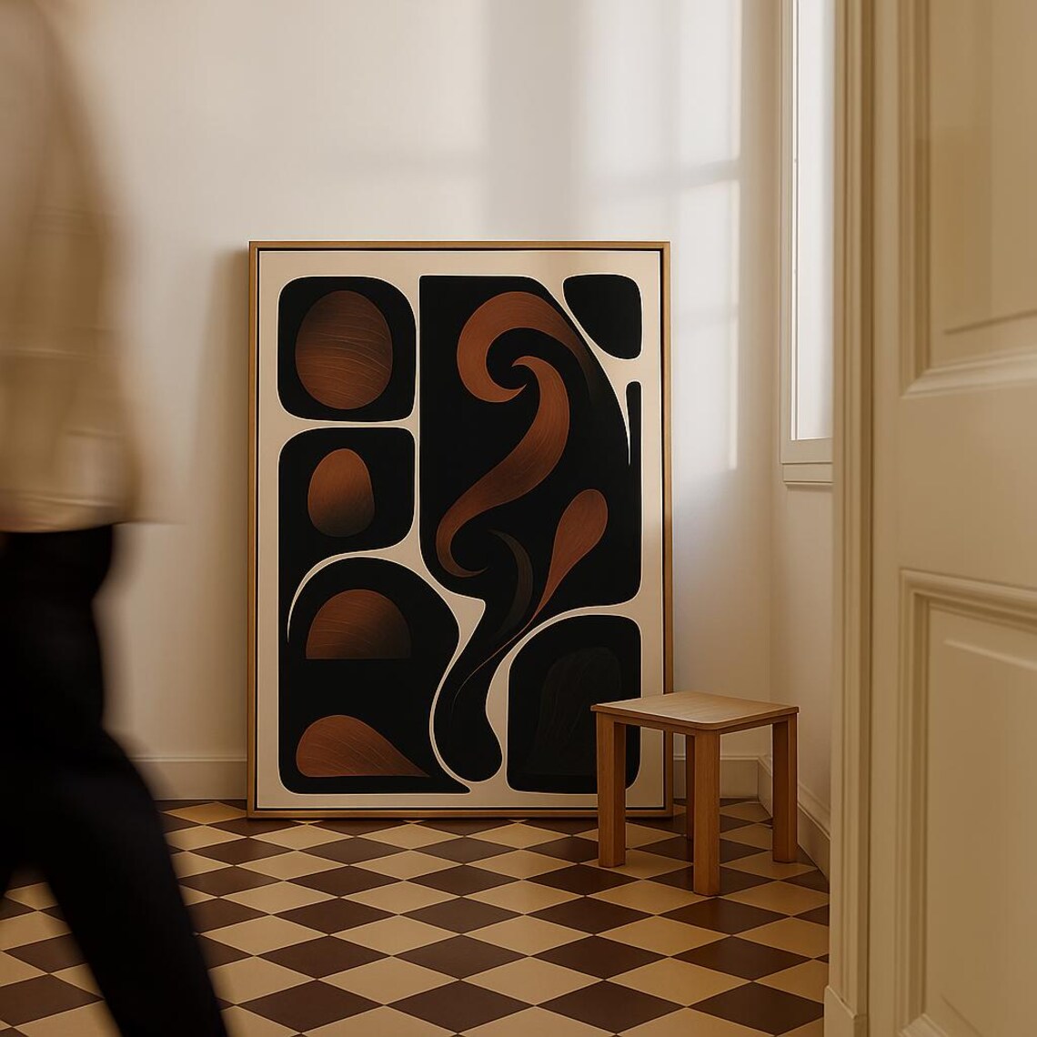 Black Cream Copper Swirl Abstract Midcentury Modern Art Poster