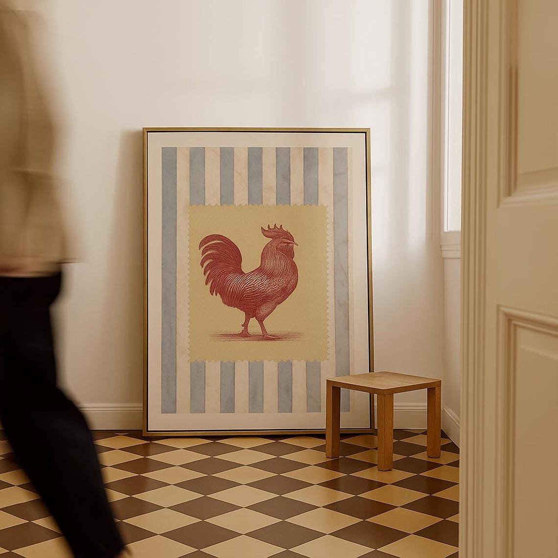 Vintage Red Rooster Farmhouse Striped Rustic Kitchen Art Poster