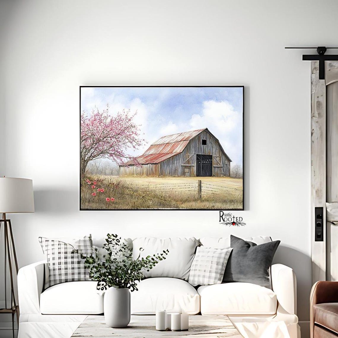 Weathered Barn with Pink Flowering Tree Spring Farm Scene Poster