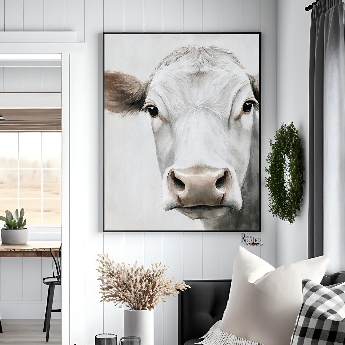 Close-Up White Cow Face Portrait Neutral Farmhouse Animal Poster