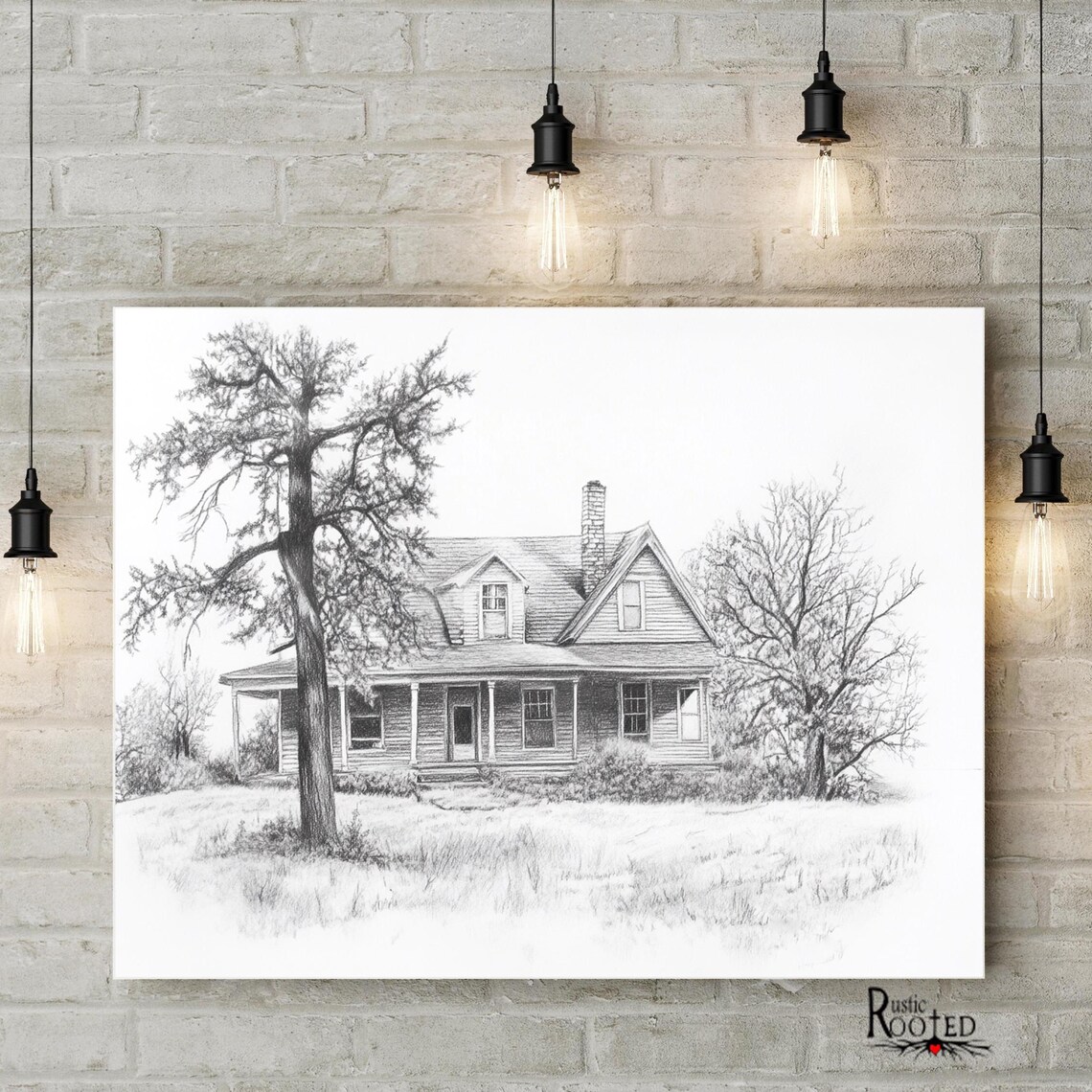 Detailed Pencil Sketch of an Old Farmhouse with Big Porch Poster - Image 2